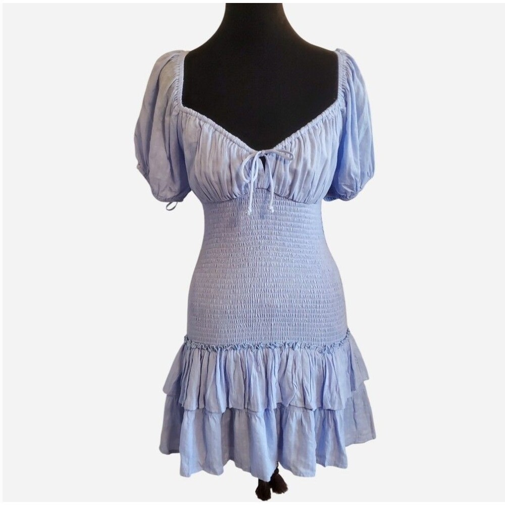 Sky To Moon Blue Milkmaid mini Dress Drop Waist Puff Sleeve Cottage Boho Size M